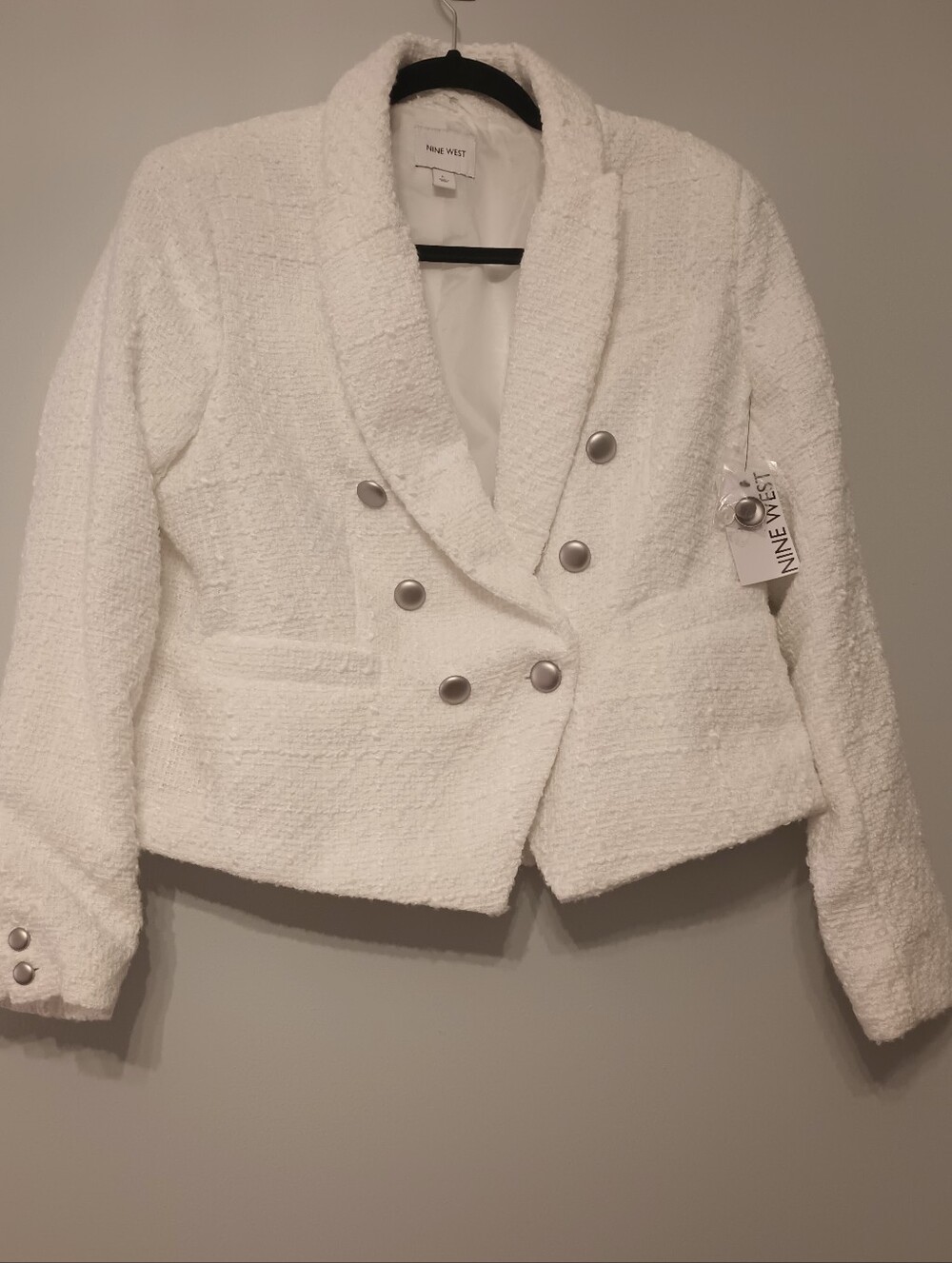 Nine West White Textured Double-Breasted Blazer L